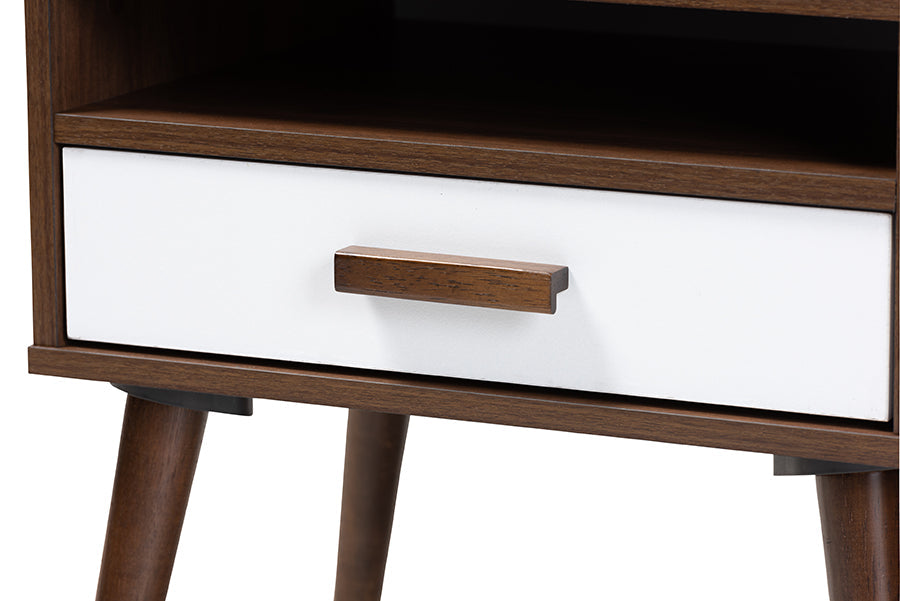 Baxton Studio Quinn Mid-Century Modern Two-Tone White and Walnut Finished 1-Drawer Wood End Table