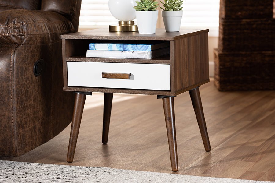 Baxton Studio Quinn Mid-Century Modern Two-Tone White and Walnut Finished 1-Drawer Wood End Table