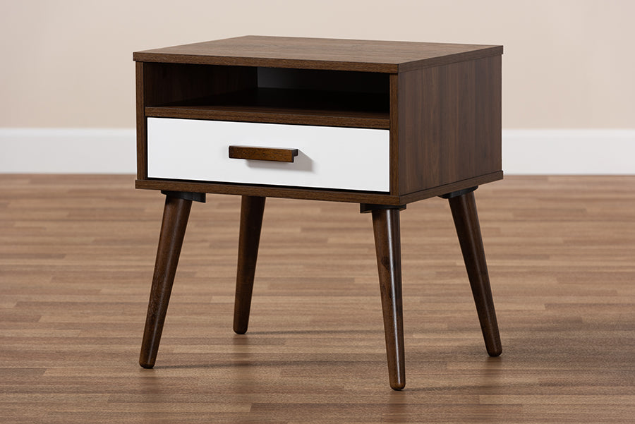 Baxton Studio Quinn Mid-Century Modern Two-Tone White and Walnut Finished 1-Drawer Wood End Table