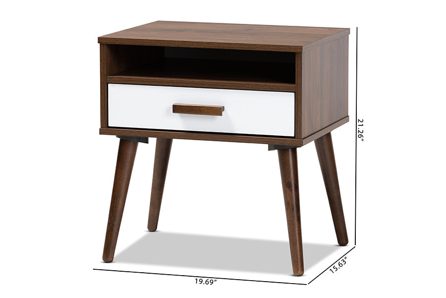 Baxton Studio Quinn Mid-Century Modern Two-Tone White and Walnut Finished 1-Drawer Wood End Table