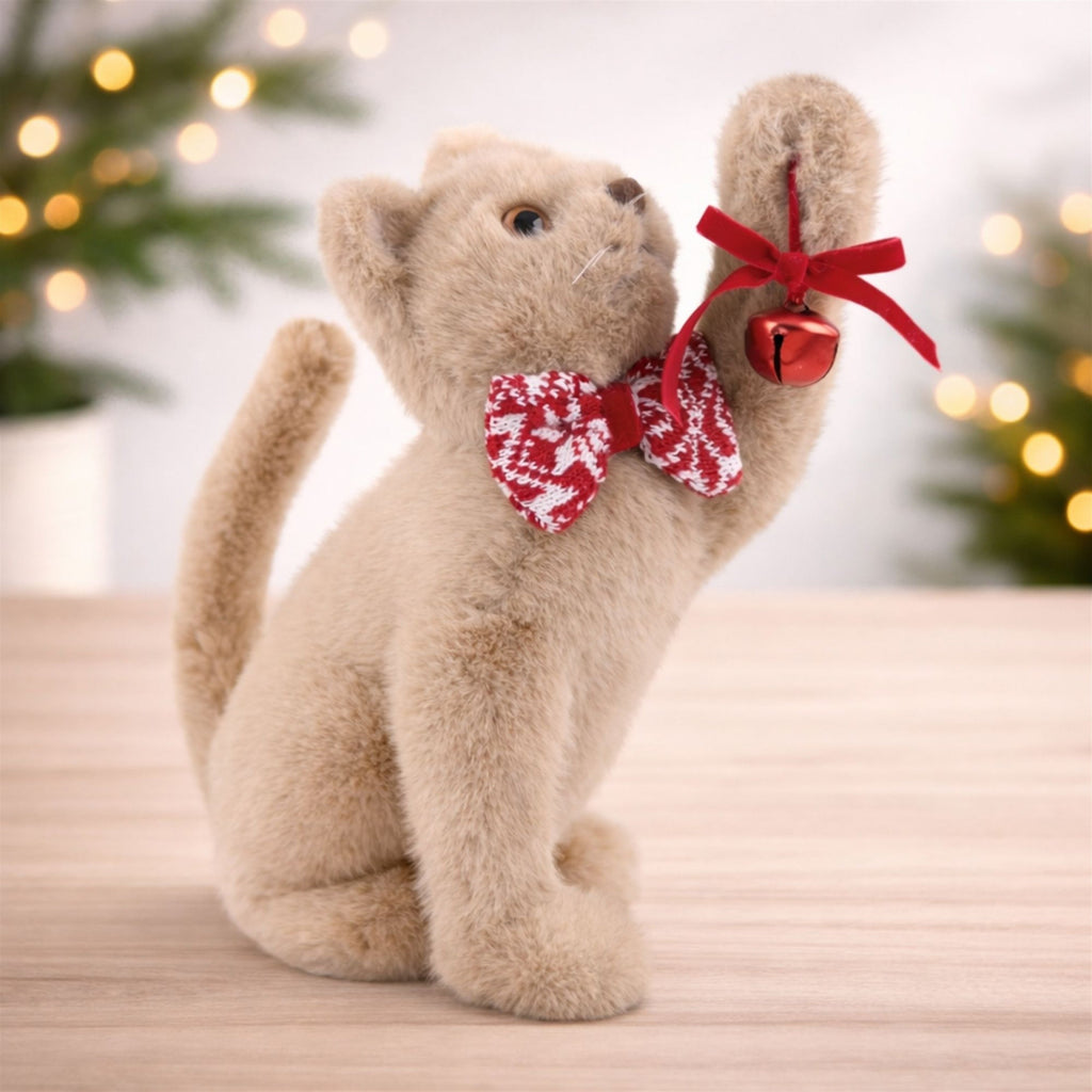 Plush Christmas Cat Figurine with Knit Bow