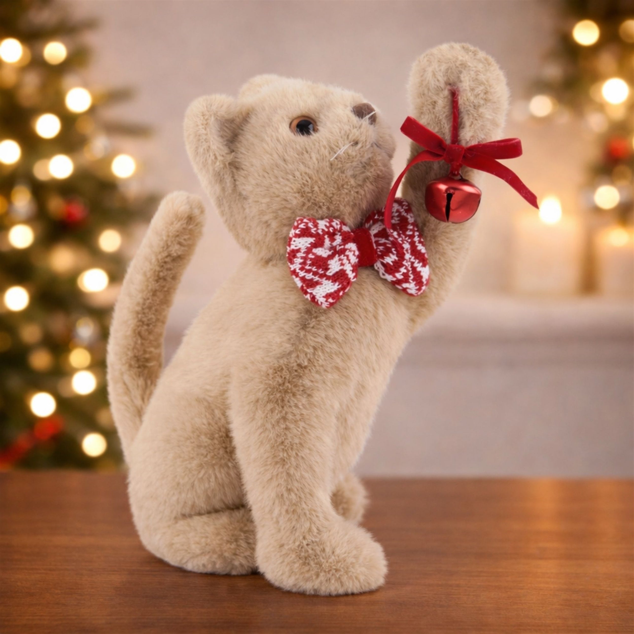 Plush Christmas Cat Figurine with Knit Bow