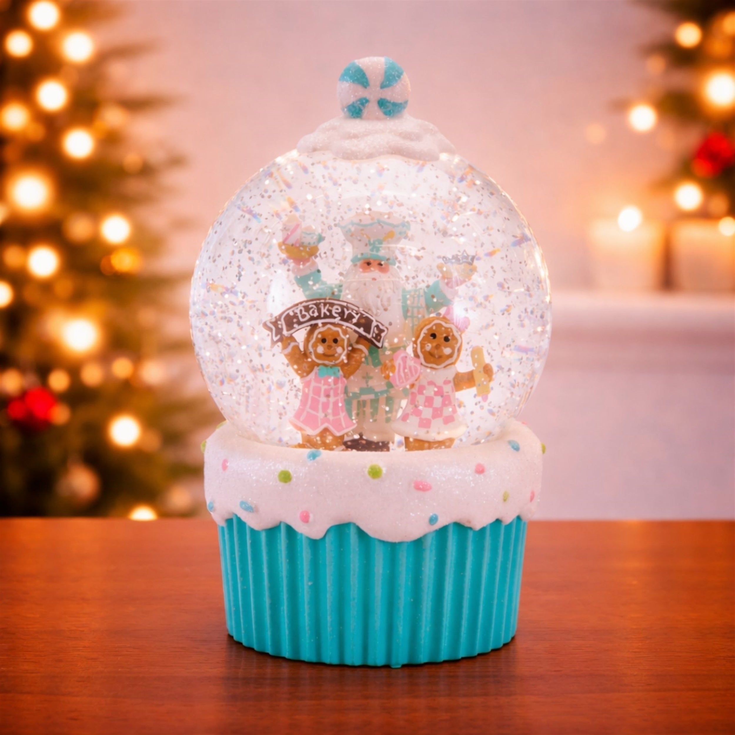 LED Santa & Gingerbread Bakery Snow Globe 7.5"H
