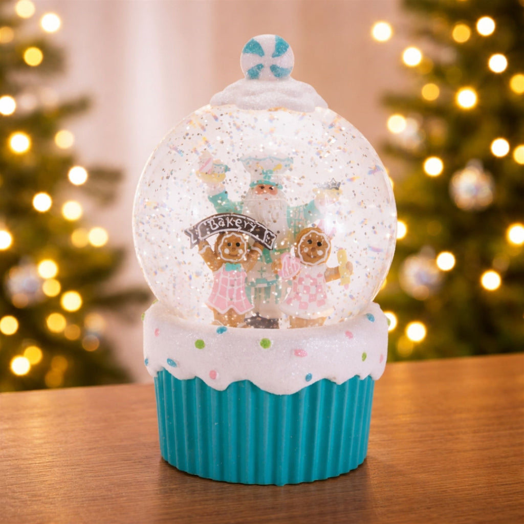 LED Santa & Gingerbread Bakery Snow Globe 7.5"H