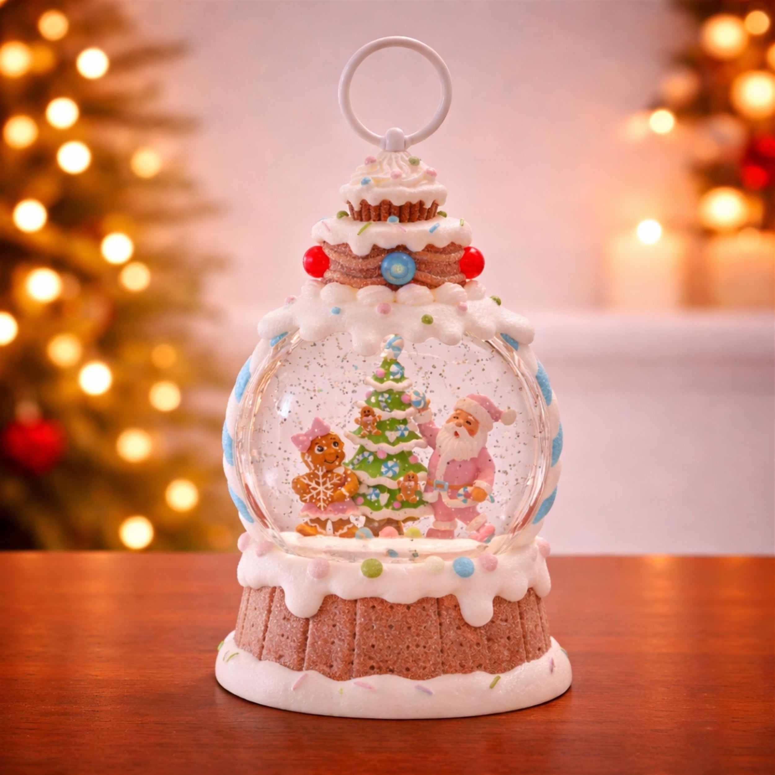 LED Santa & Gingerbread Tree Snow Globe 10"H