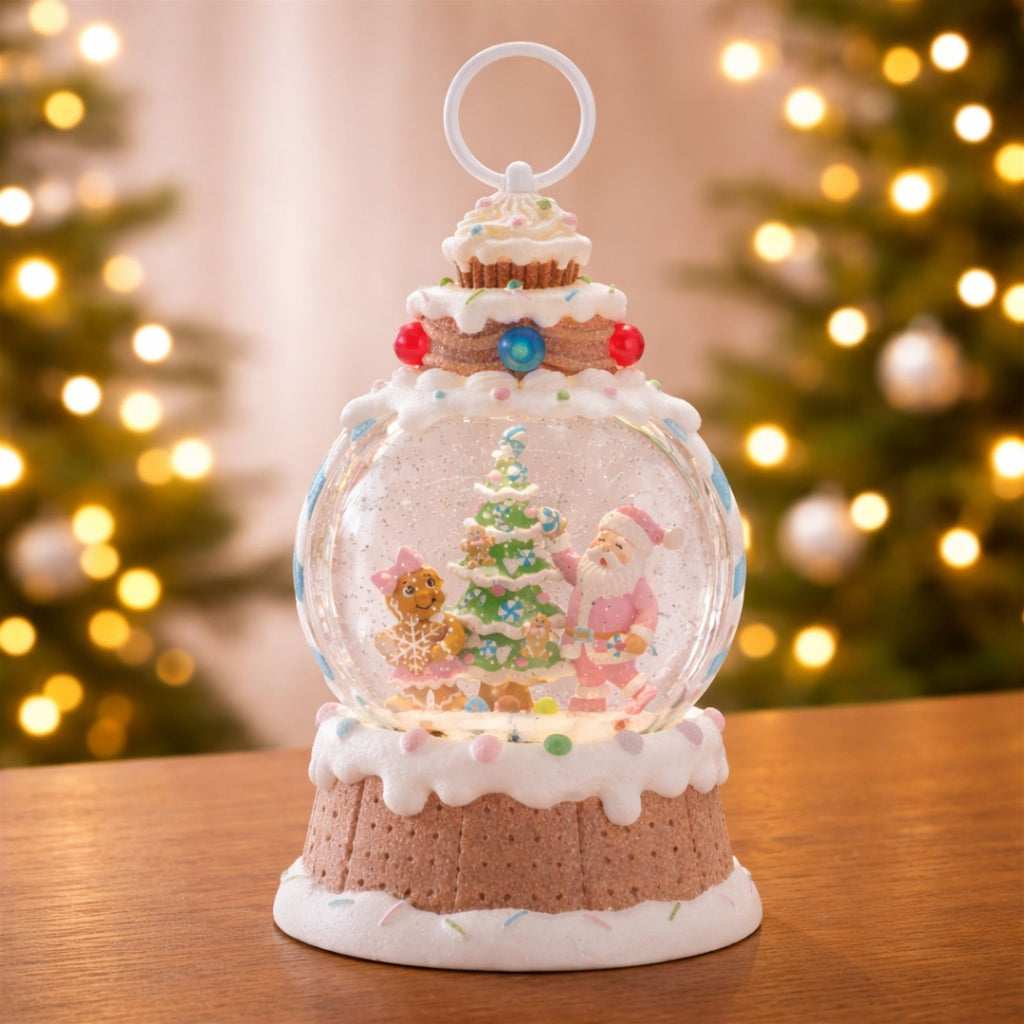 LED Santa & Gingerbread Tree Snow Globe 10"H