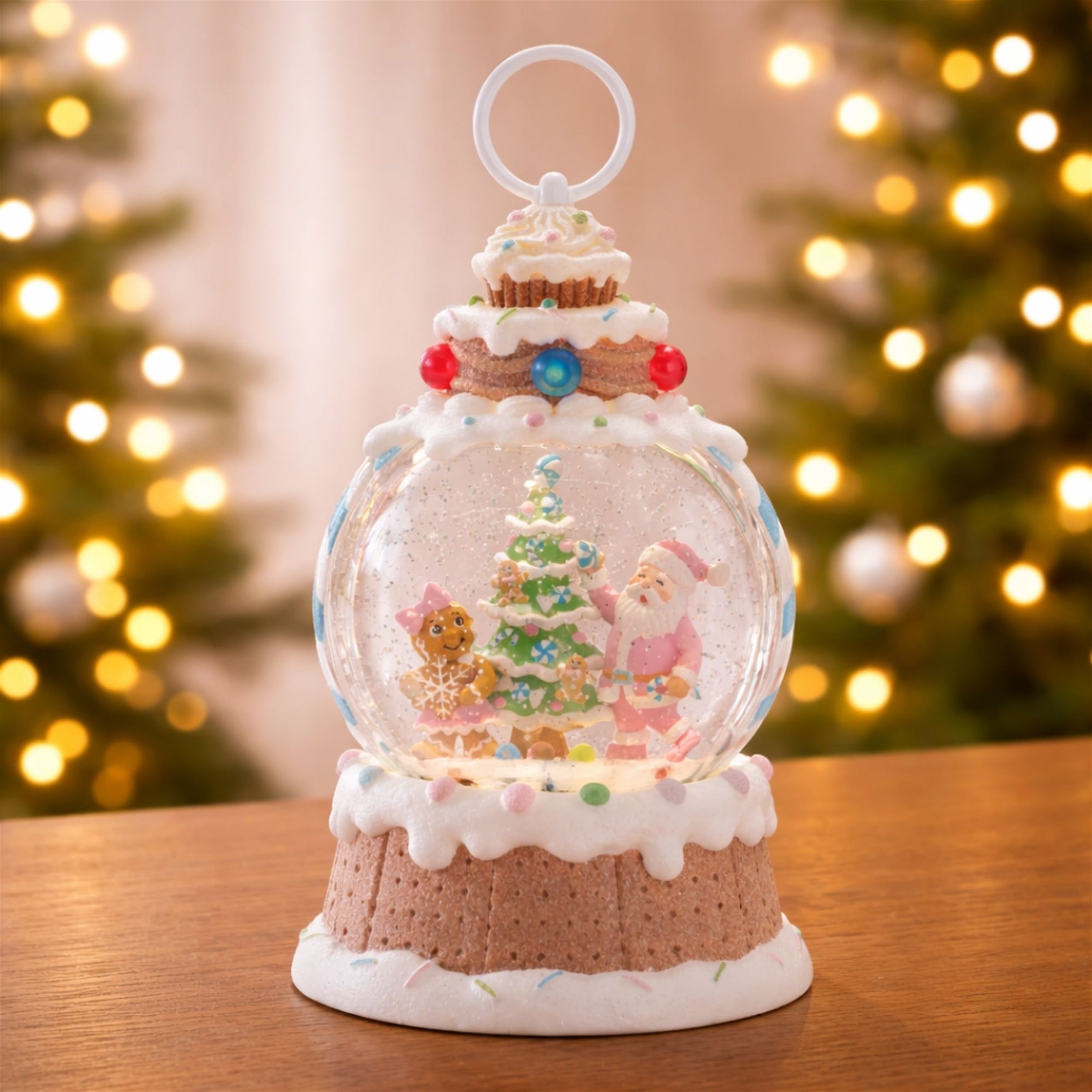 LED Santa & Gingerbread Tree Snow Globe 10"H