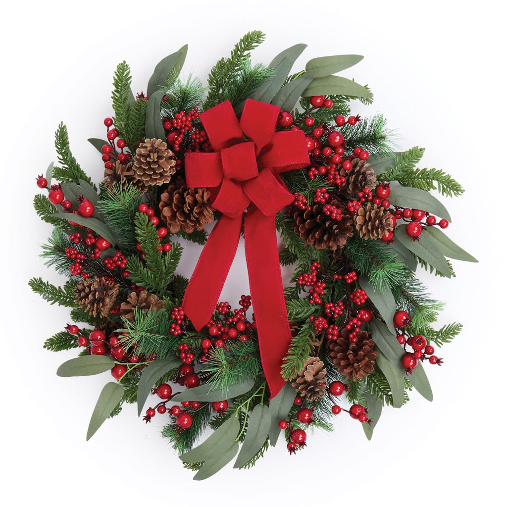 Fresh Touch Pine and Berry Wreath with Bow 24"D