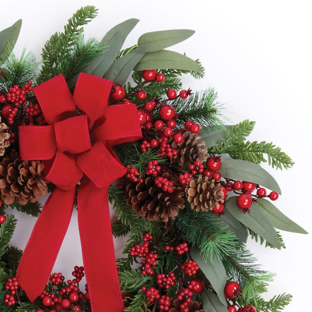 Fresh Touch Pine and Berry Wreath with Bow 24"D