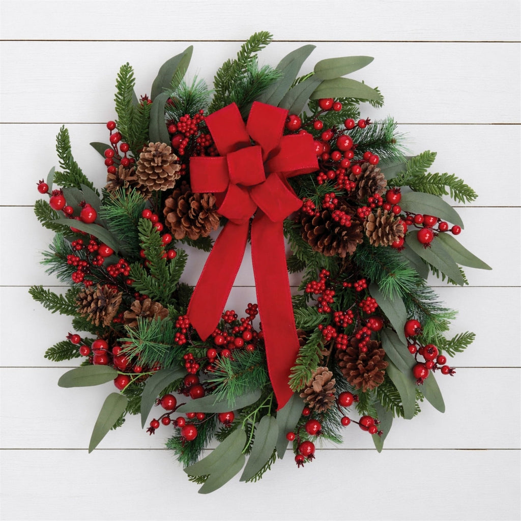 Fresh Touch Pine and Berry Wreath with Bow 24"D