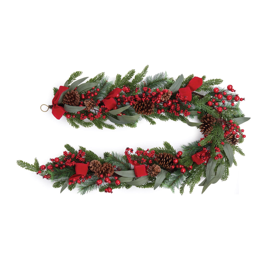 Fresh Touch Pine and Berry Garland with Ribbon 6'L