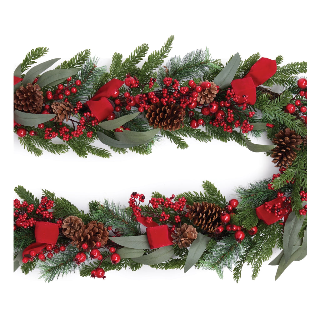 Fresh Touch Pine and Berry Garland with Ribbon 6'L