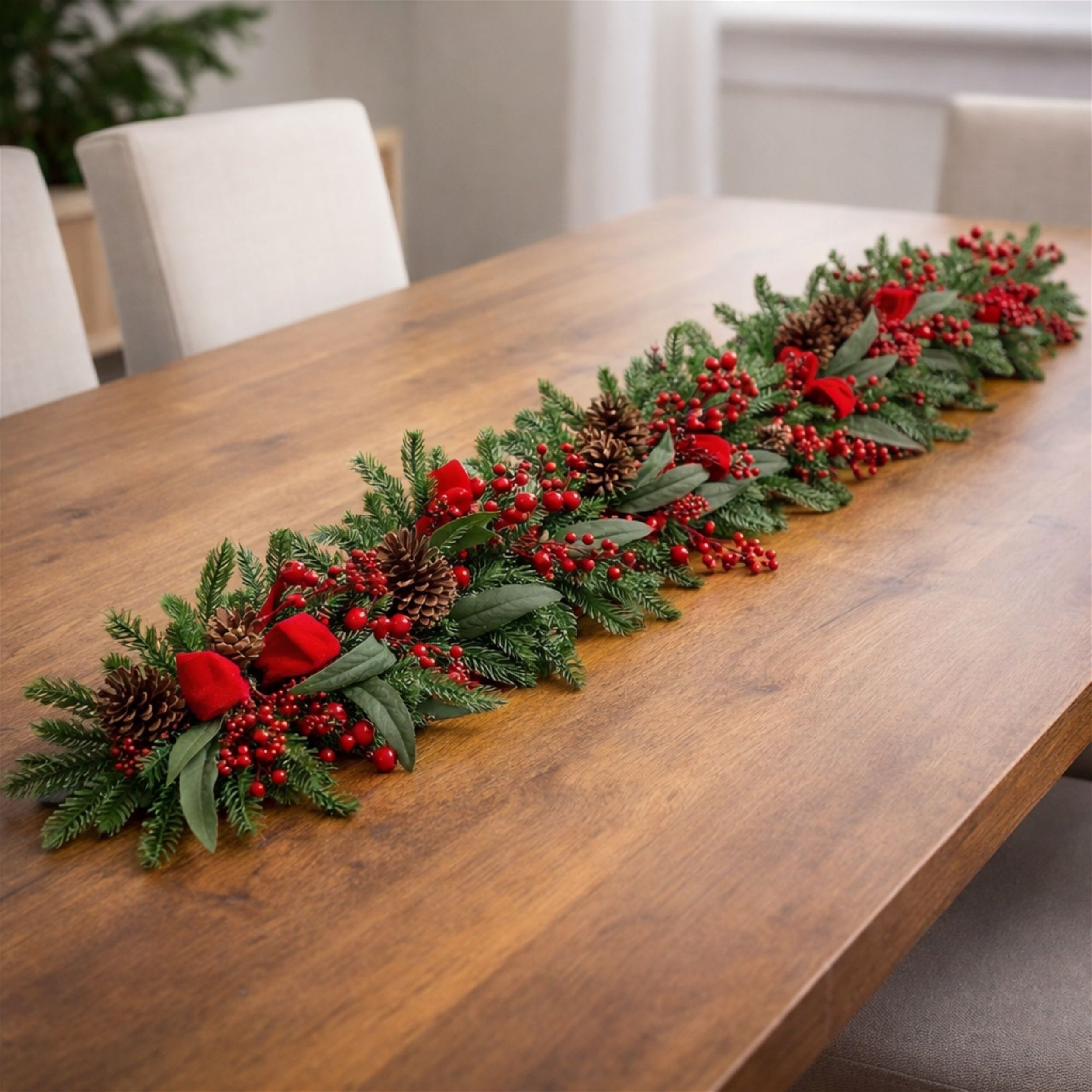 Fresh Touch Pine and Berry Garland with Ribbon 6'L