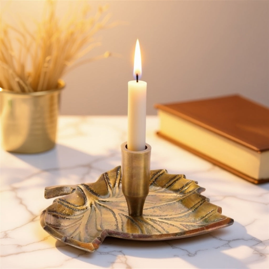 Metal Leaf Taper Candle Holder 5.75"L