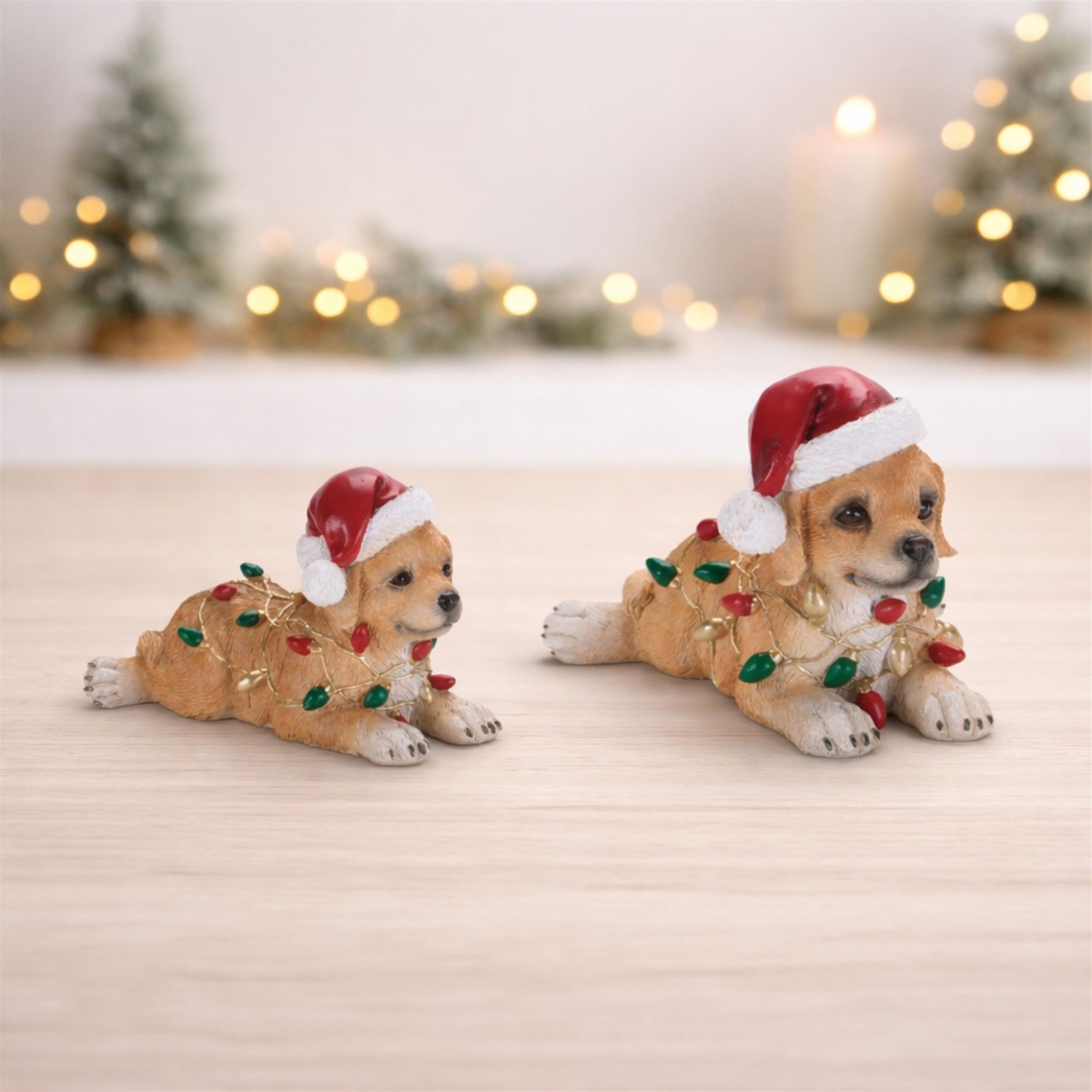 Santa Hat Dog Figurines with Christmas Lights (Set of 2)