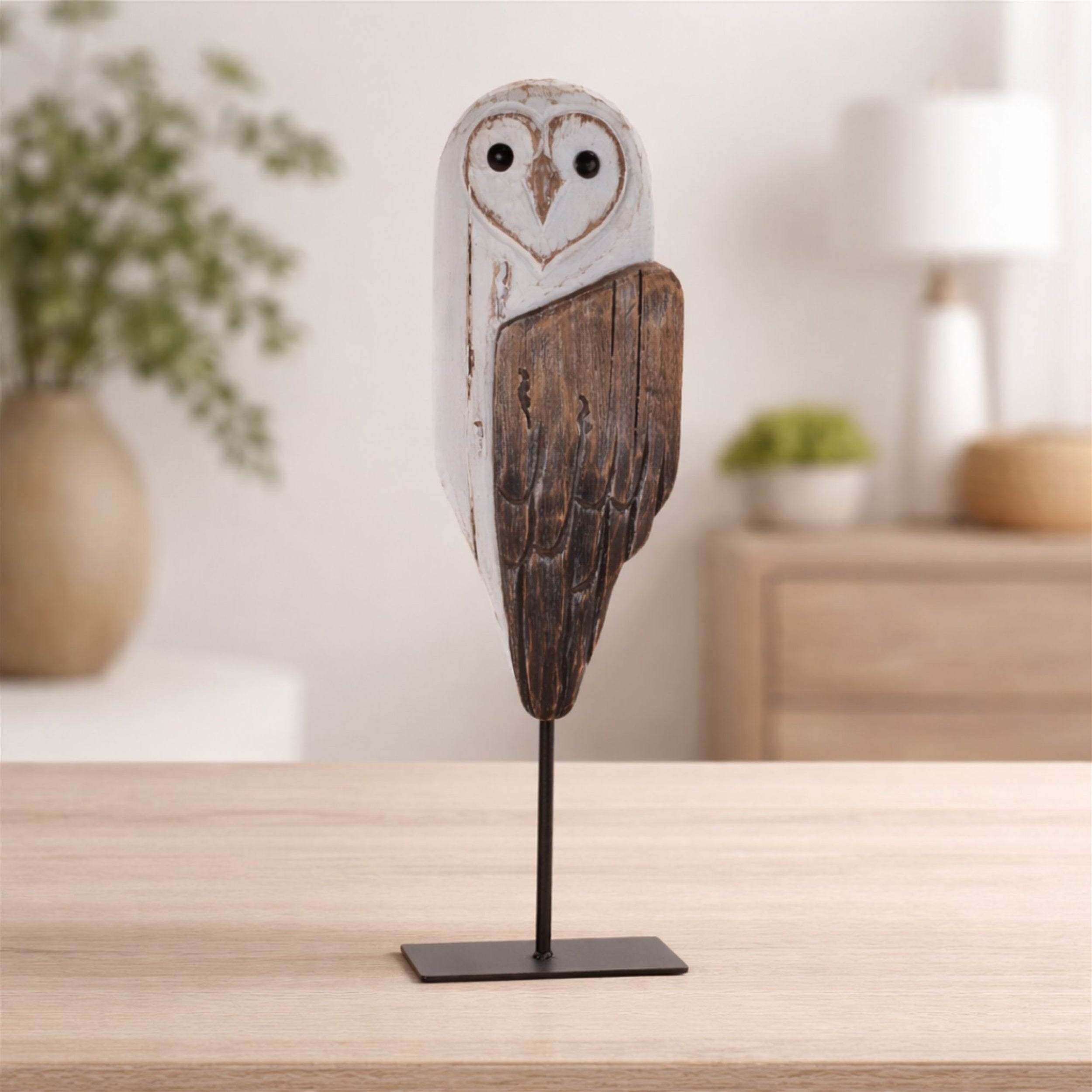 Rustic Wooden Owl Sculpture 14"H
