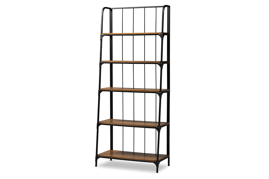 Baxton Studio Ceren Vintage Rustic Industrial Distressed Wood and Black Metal Finished 5-Tier Living Room Ladder Shelf