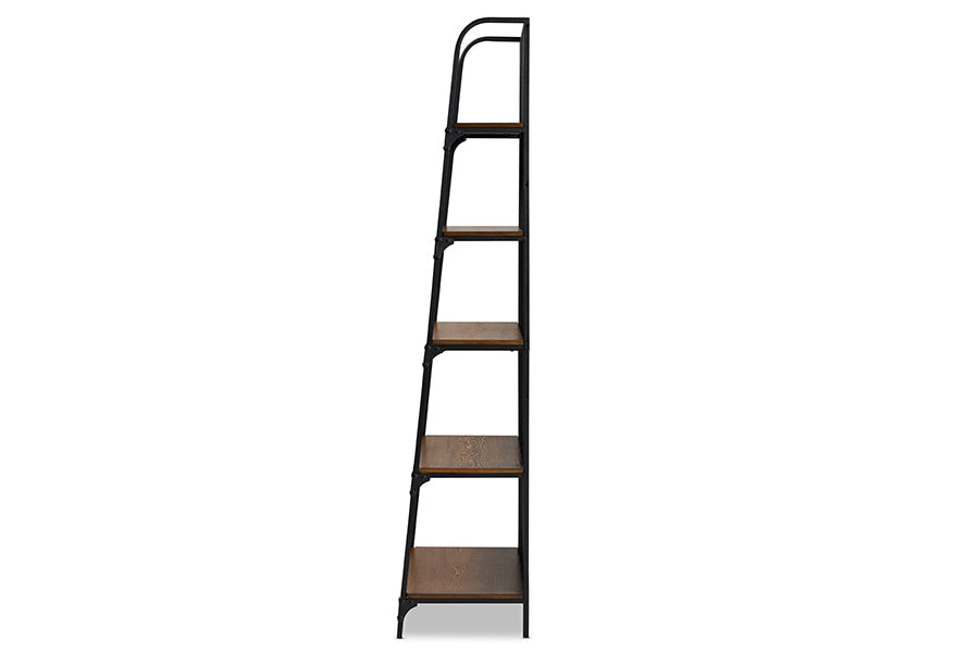 Baxton Studio Ceren Vintage Rustic Industrial Distressed Wood and Black Metal Finished 5-Tier Living Room Ladder Shelf