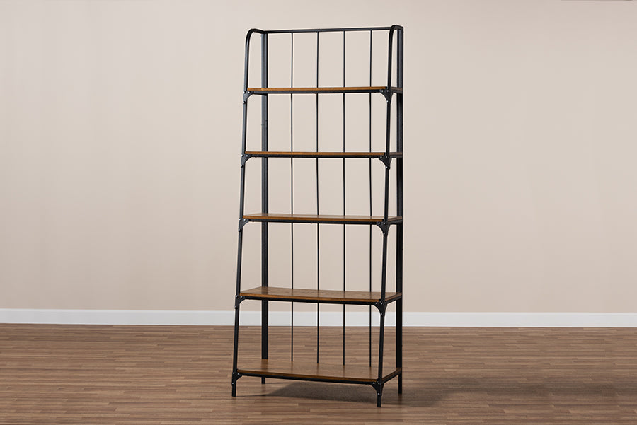 Baxton Studio Ceren Vintage Rustic Industrial Distressed Wood and Black Metal Finished 5-Tier Living Room Ladder Shelf