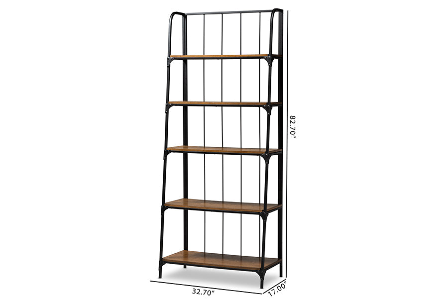 Baxton Studio Ceren Vintage Rustic Industrial Distressed Wood and Black Metal Finished 5-Tier Living Room Ladder Shelf