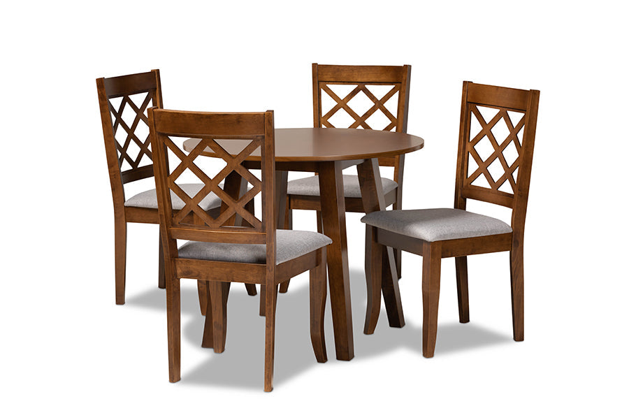 Baxton Studio Adara Modern and Contemporary Grey Fabric Upholstered and Walnut Brown Finished Wood 5-Piece Dining Set