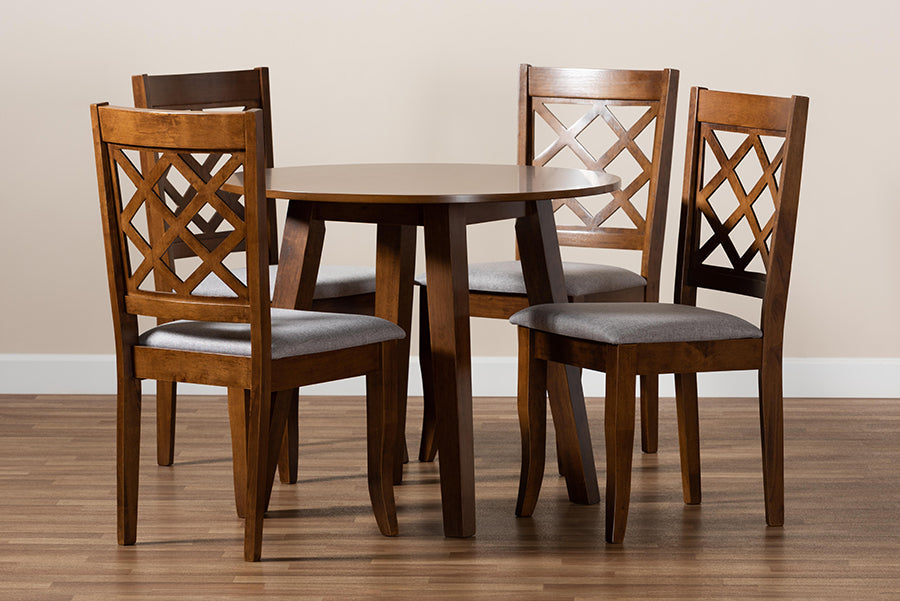 Baxton Studio Adara Modern and Contemporary Grey Fabric Upholstered and Walnut Brown Finished Wood 5-Piece Dining Set