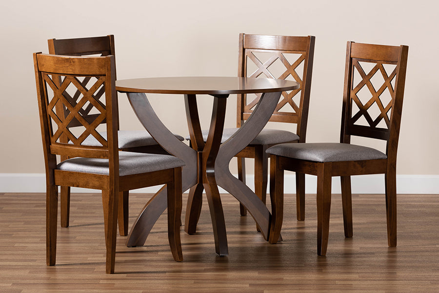 Baxton Studio Beth Modern and Contemporary Grey Fabric Upholstered and Walnut Brown Finished Wood 5-Piece Dining Set