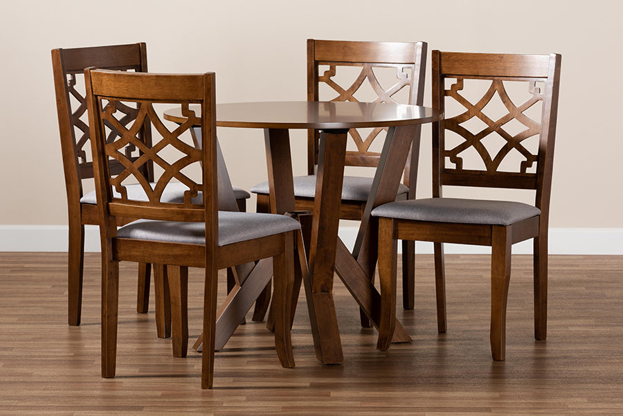 Baxton Studio Alisa Modern and Contemporary Grey Fabric Upholstered and Walnut Brown Finished Wood 5-Piece Dining Set
