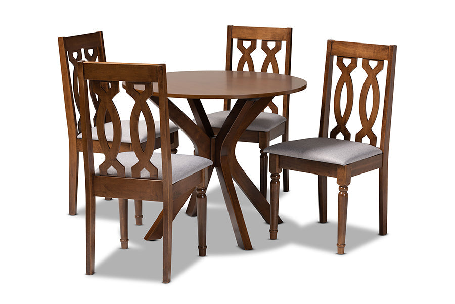 Baxton Studio Callie Modern and Contemporary Grey Fabric Upholstered and Walnut Brown Finished Wood 5-Piece Dining Set