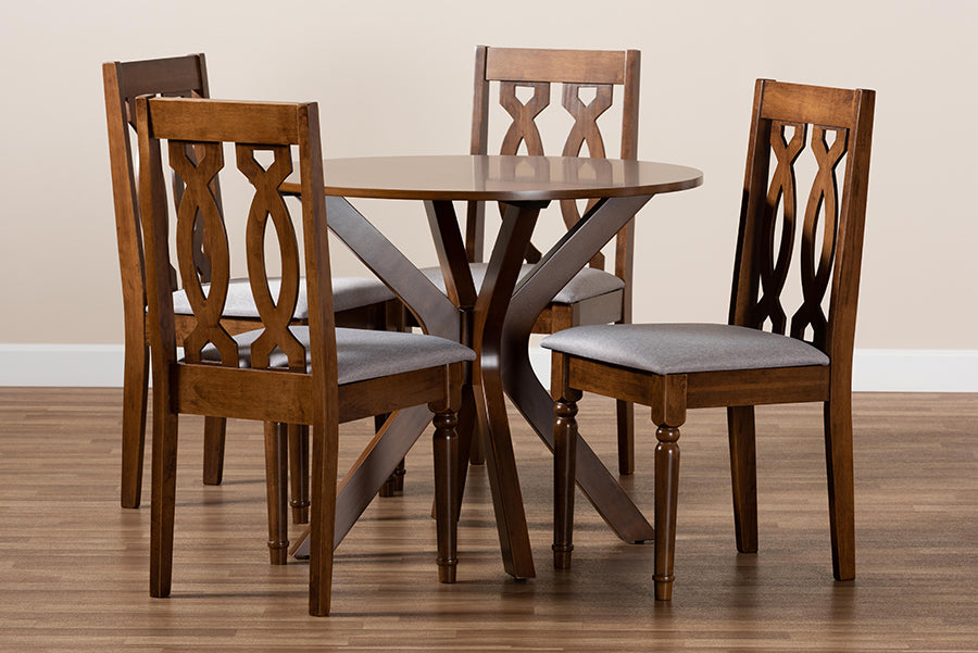 Baxton Studio Callie Modern and Contemporary Grey Fabric Upholstered and Walnut Brown Finished Wood 5-Piece Dining Set