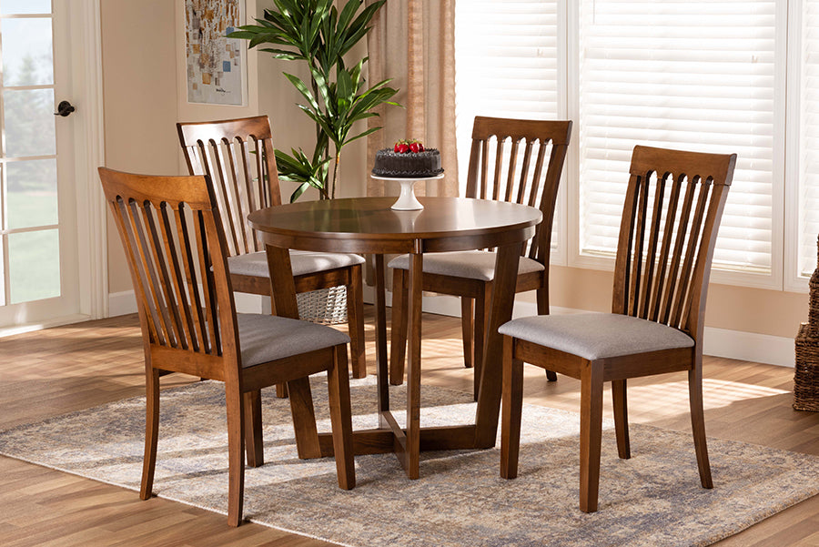 Baxton Studio Andi Modern and Contemporary Grey Fabric Upholstered and Walnut Brown Finished Wood 5-Piece Dining Set