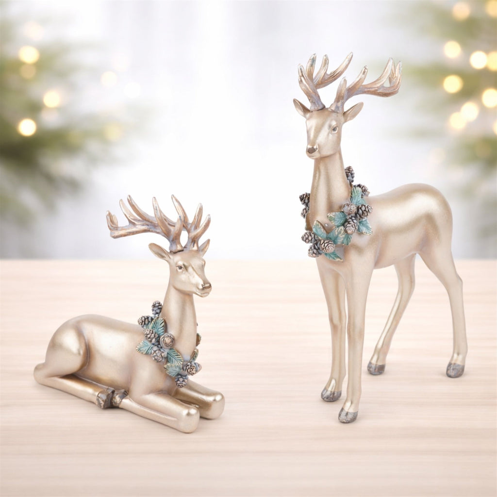 Metallic Deer with Wreath Figurine (Set of 2)