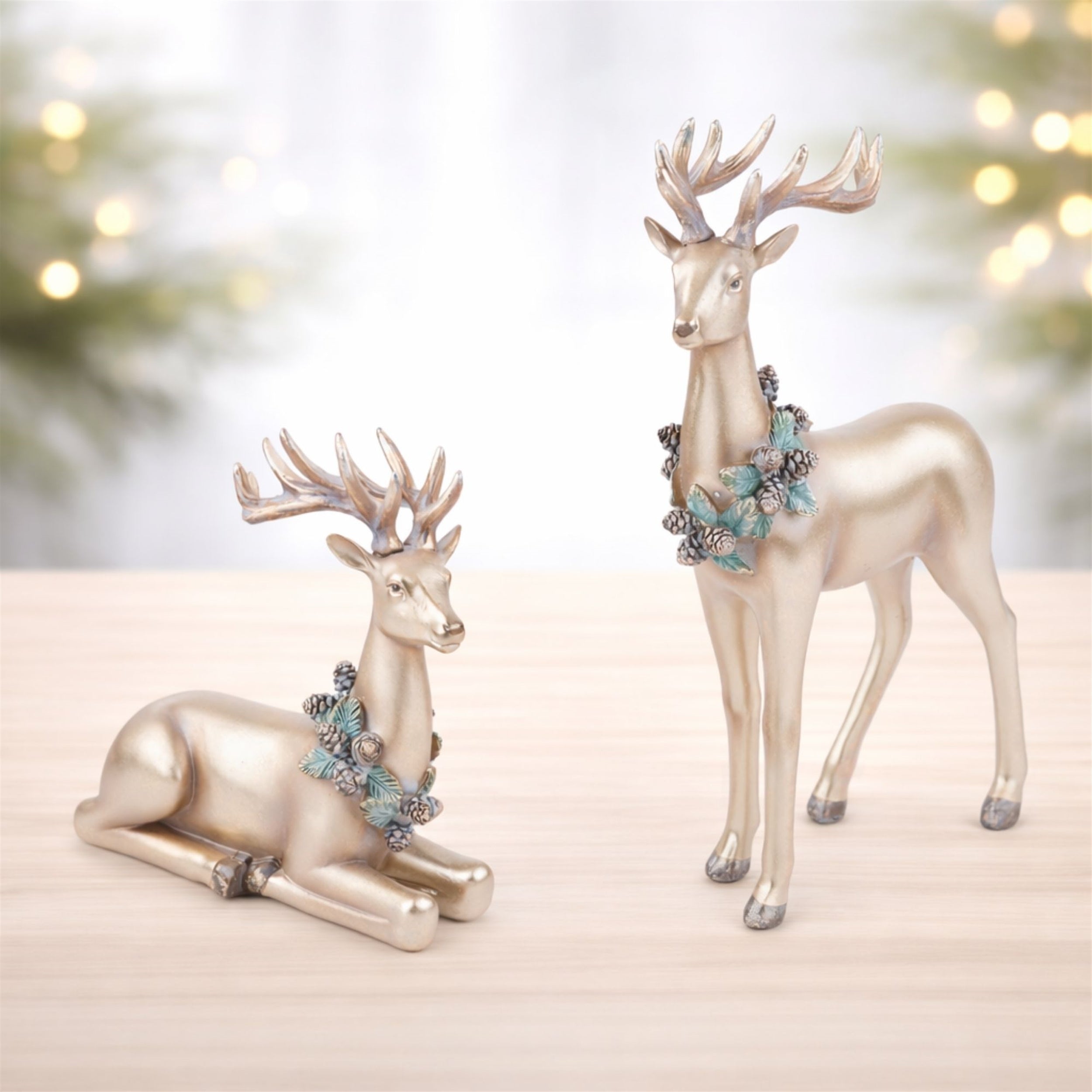 Metallic Deer with Wreath Figurine (Set of 2)