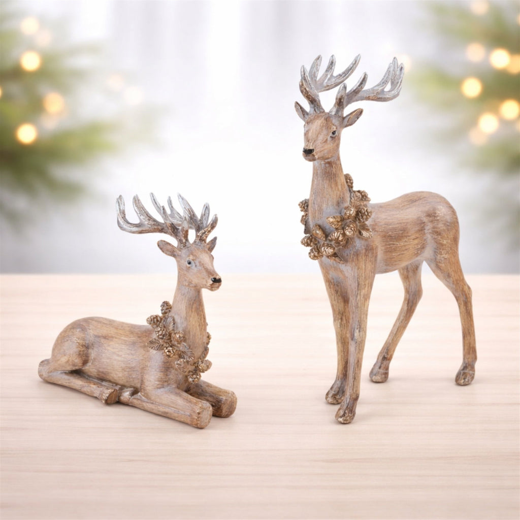 Glittered Deer with Wreath Figurine (Set of 2)