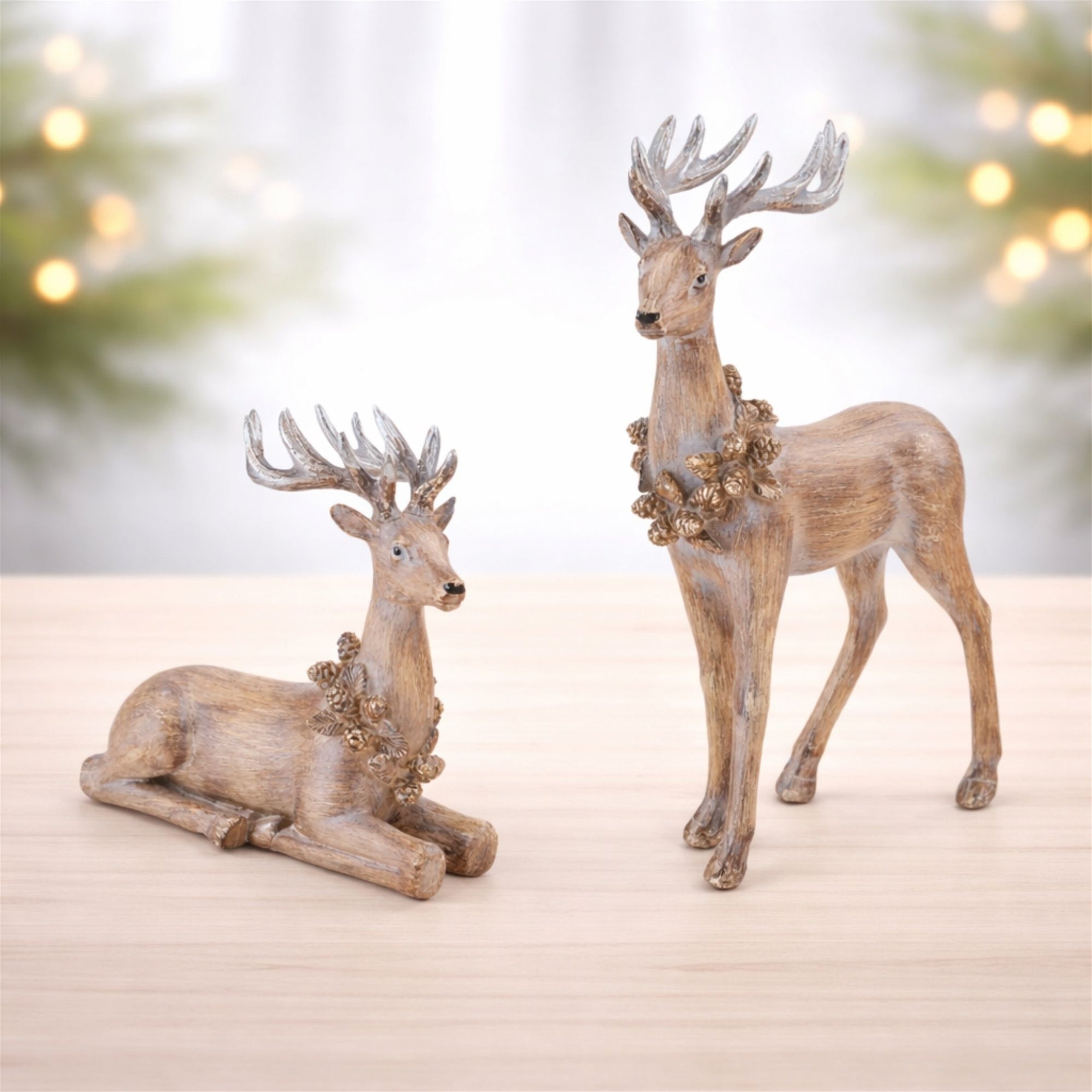 Glittered Deer with Wreath Figurine (Set of 2)