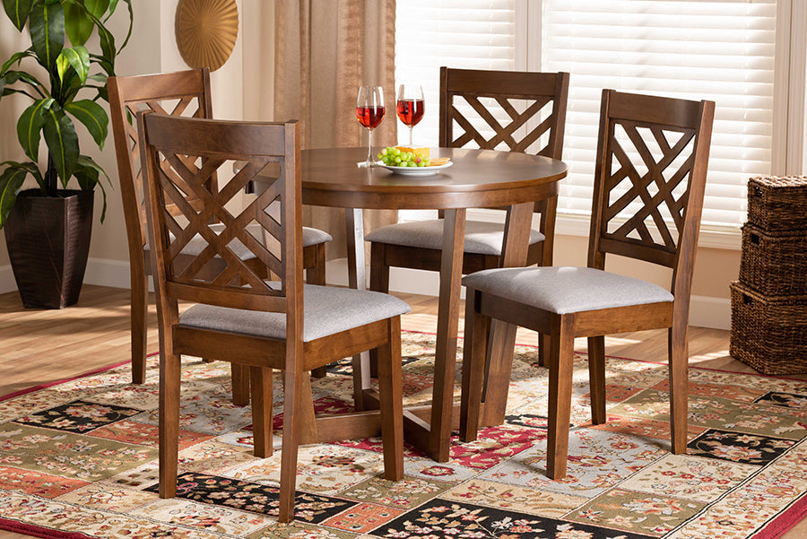 Baxton Studio Alena Modern and Contemporary Grey Fabric Upholstered and Walnut Brown Finished Wood 5-Piece Dining Set