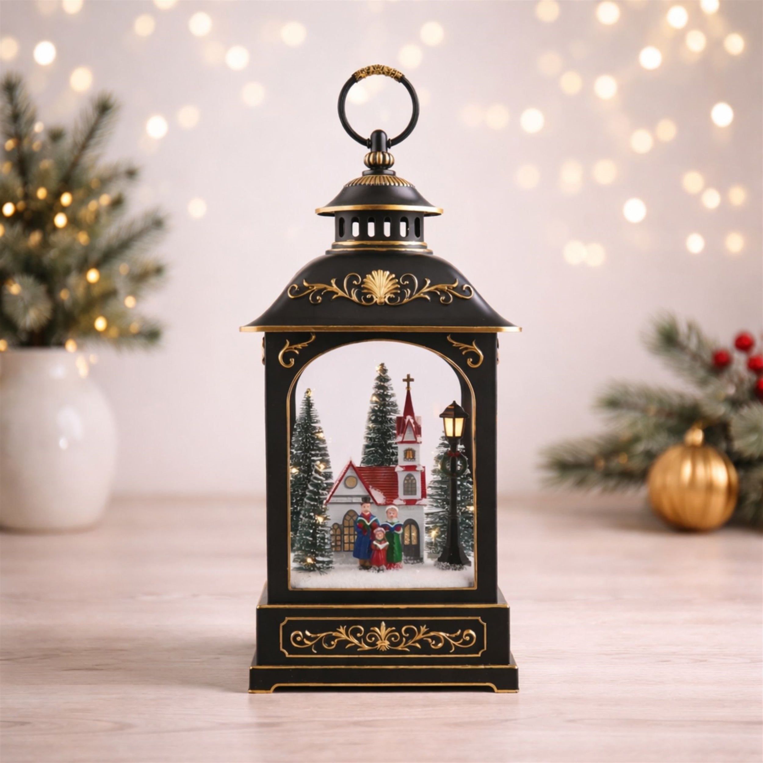 LED Lantern Scene with Church and Carolers 17.5"H