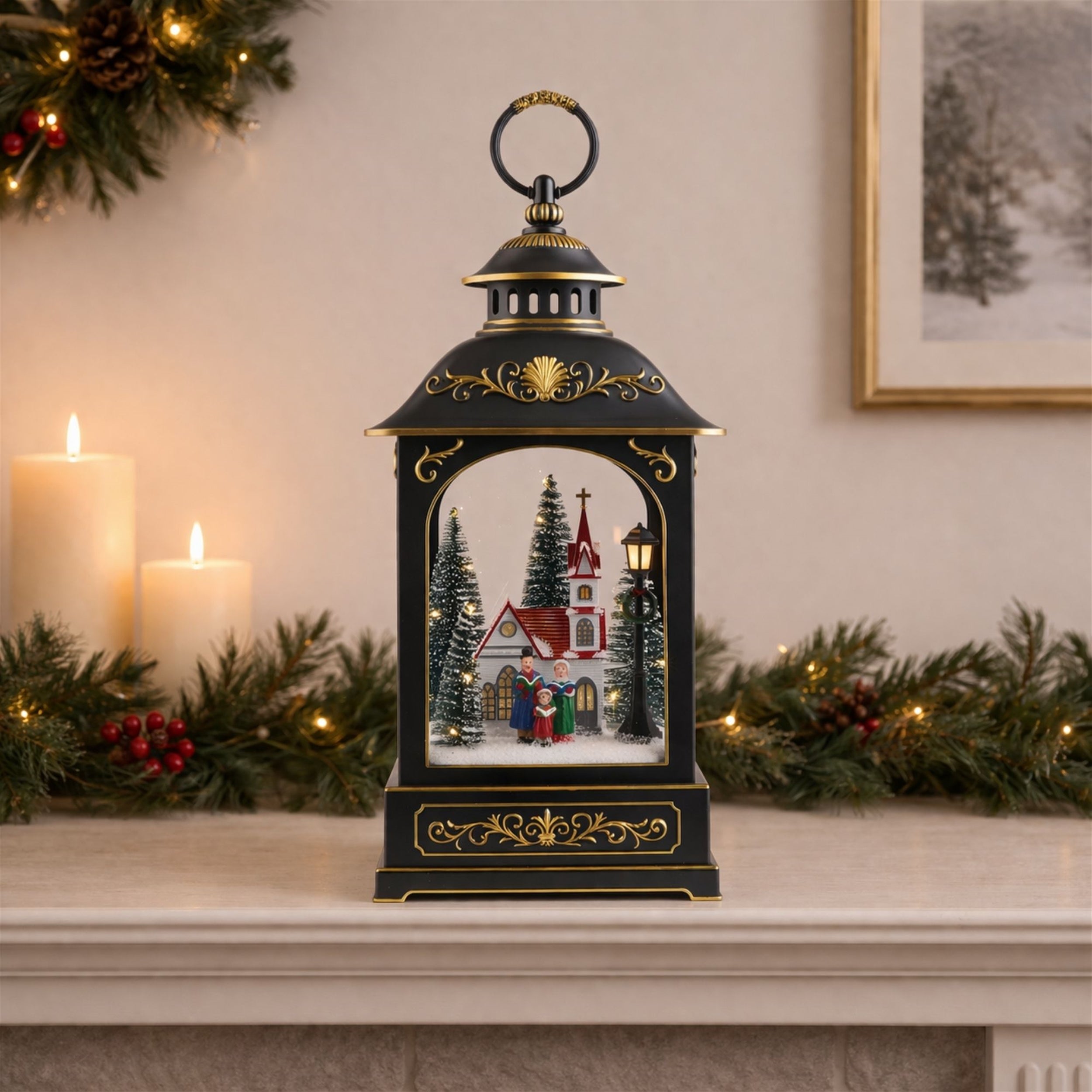 LED Lantern Scene with Church and Carolers 17.5"H