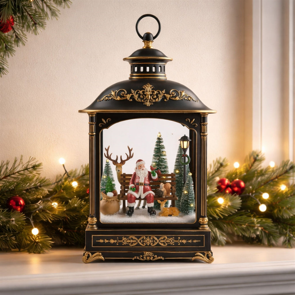 LED Lantern Scene with Santa and Woodland Animals 17.5"H