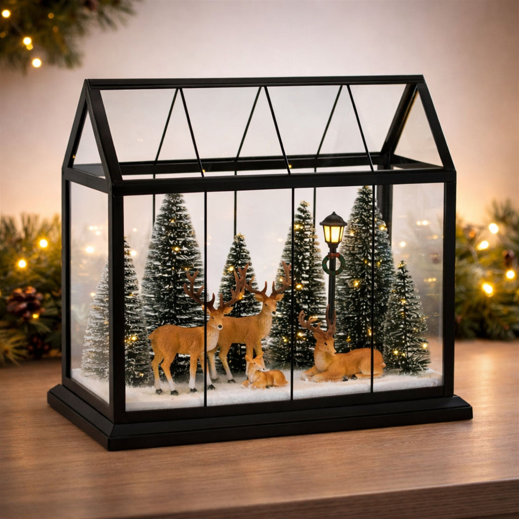LED Greenhouse Scene with Deer and Pine Trees 13"H