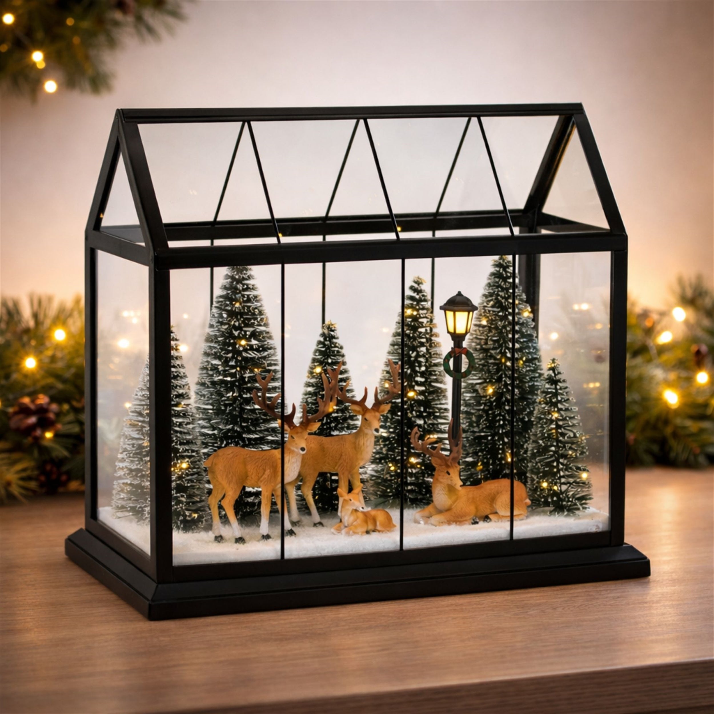 LED Greenhouse Scene with Deer and Pine Trees 13"H