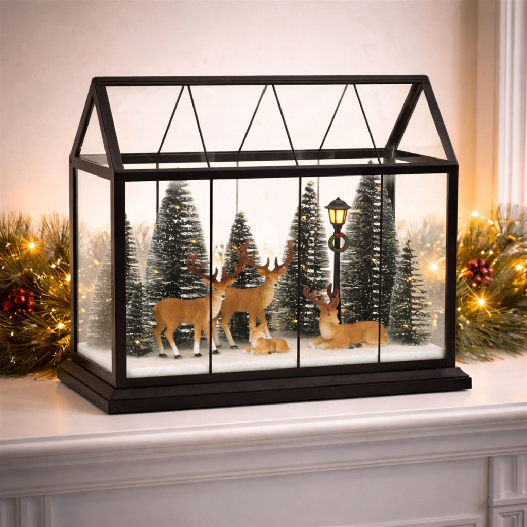 LED Greenhouse Scene with Deer and Pine Trees 13"H