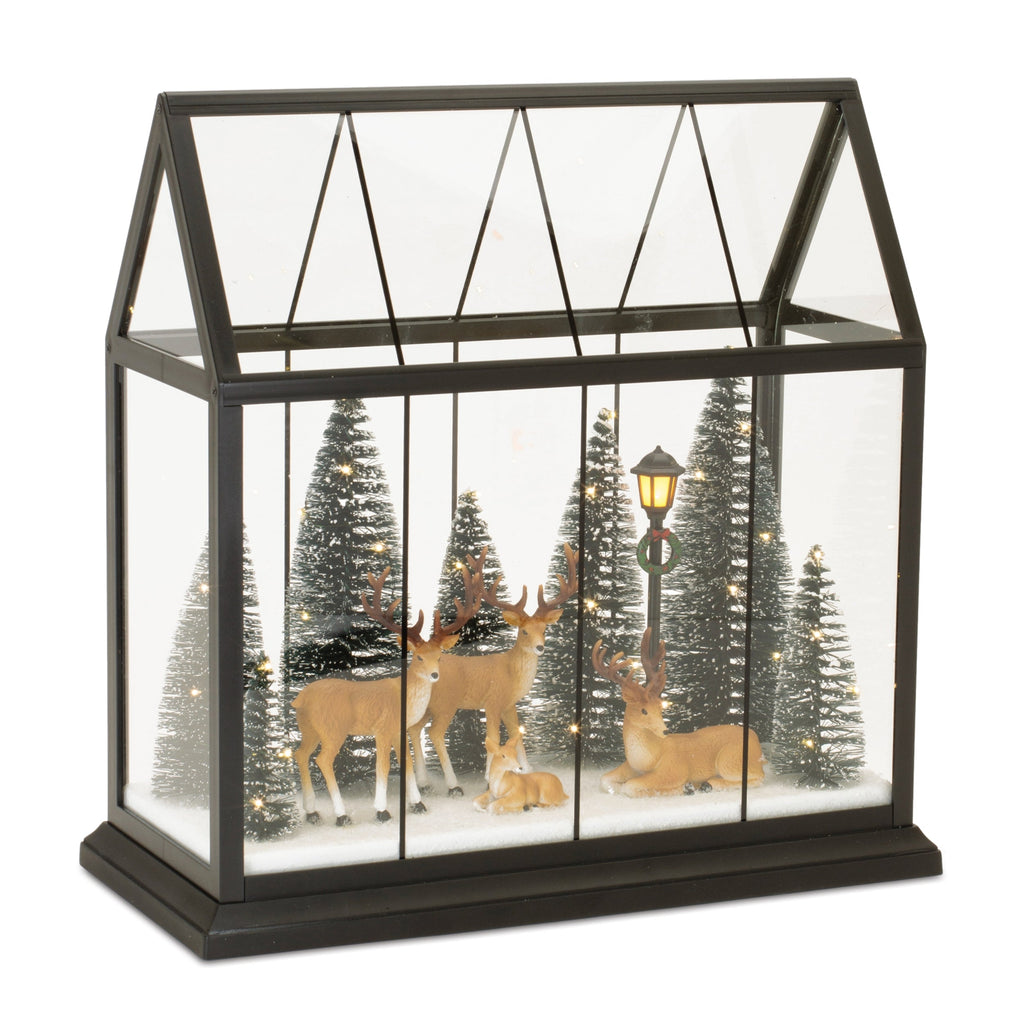 LED Greenhouse Scene with Deer and Pine Trees 13"H