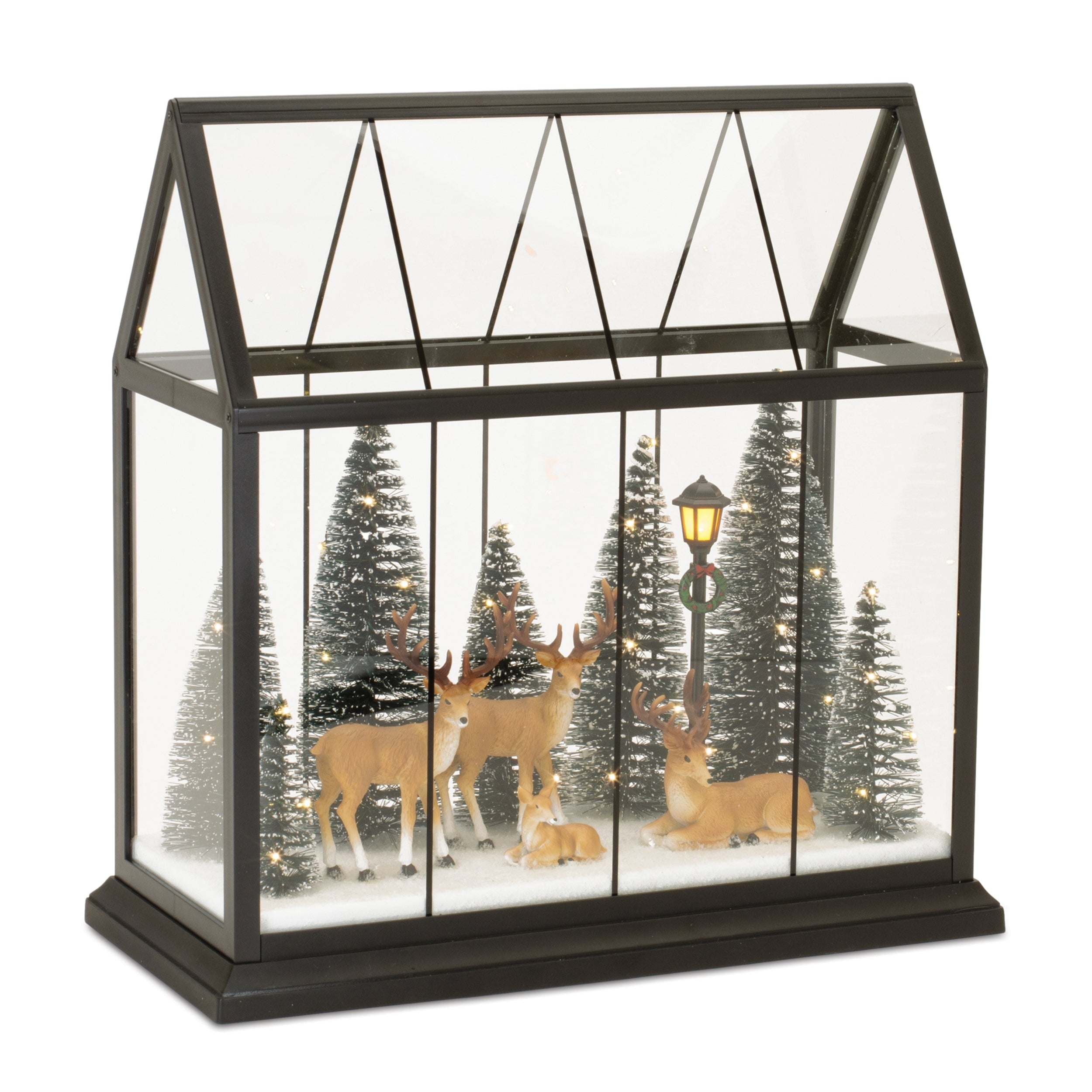 LED Greenhouse Scene with Deer and Pine Trees 13"H