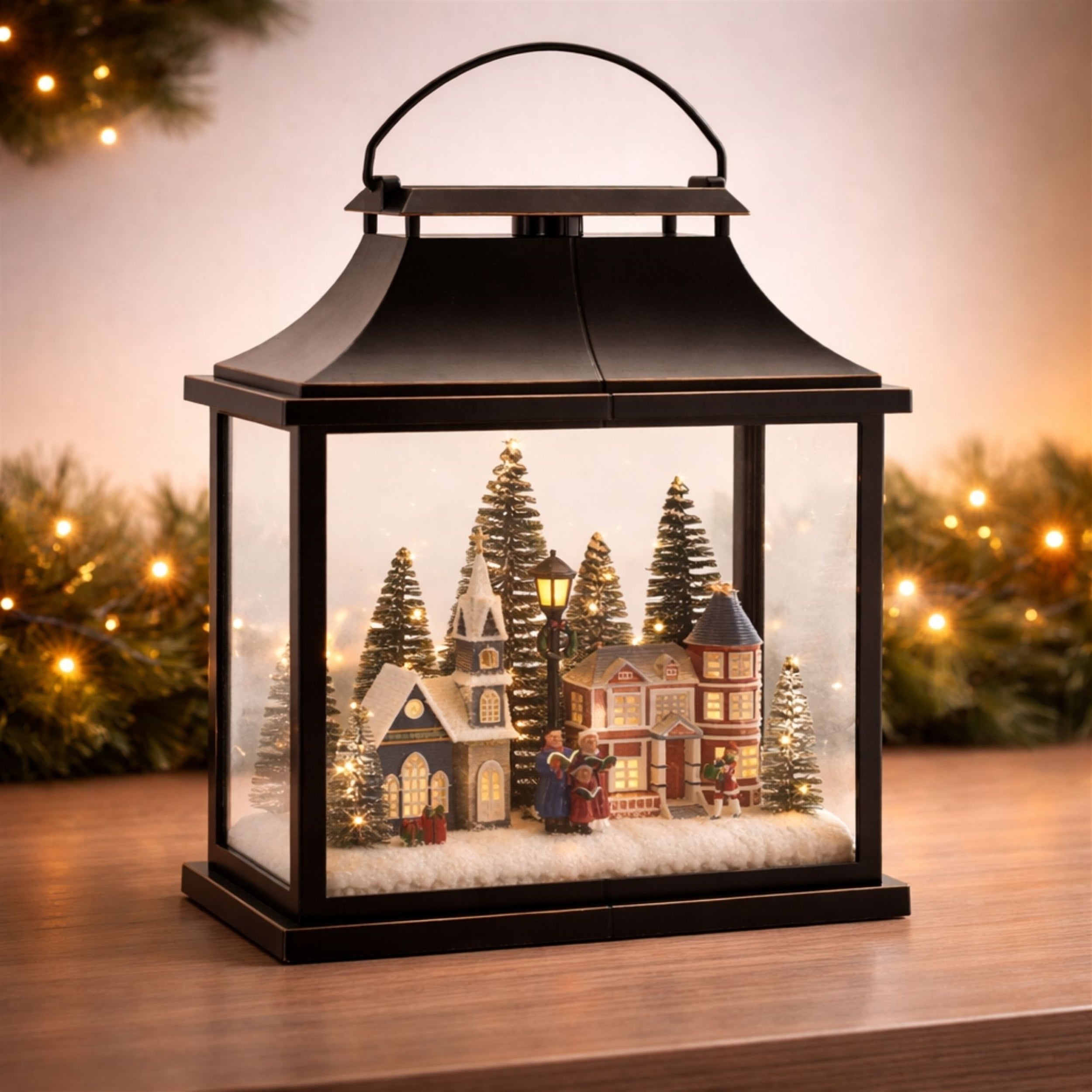 LED Lantern Scene with Village and Carolers 16"H