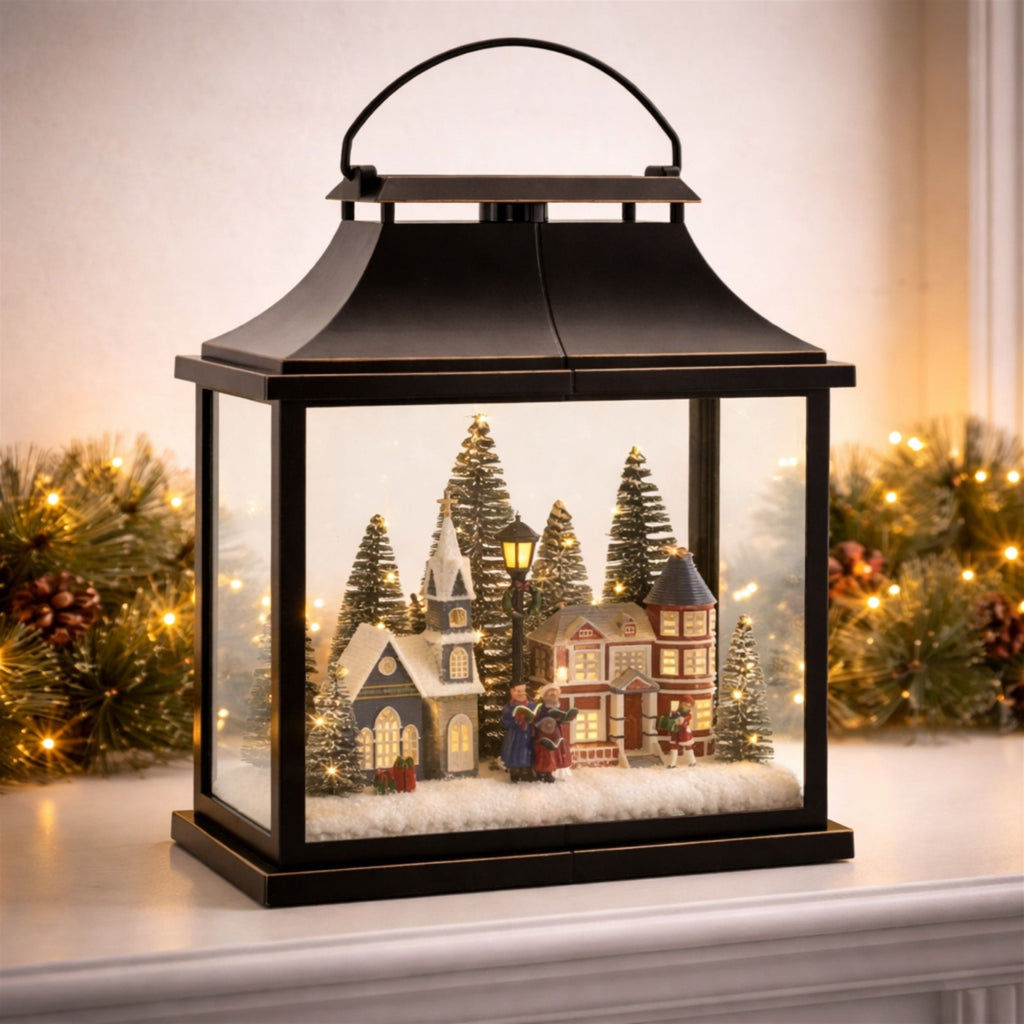 LED Lantern Scene with Village and Carolers 16"H
