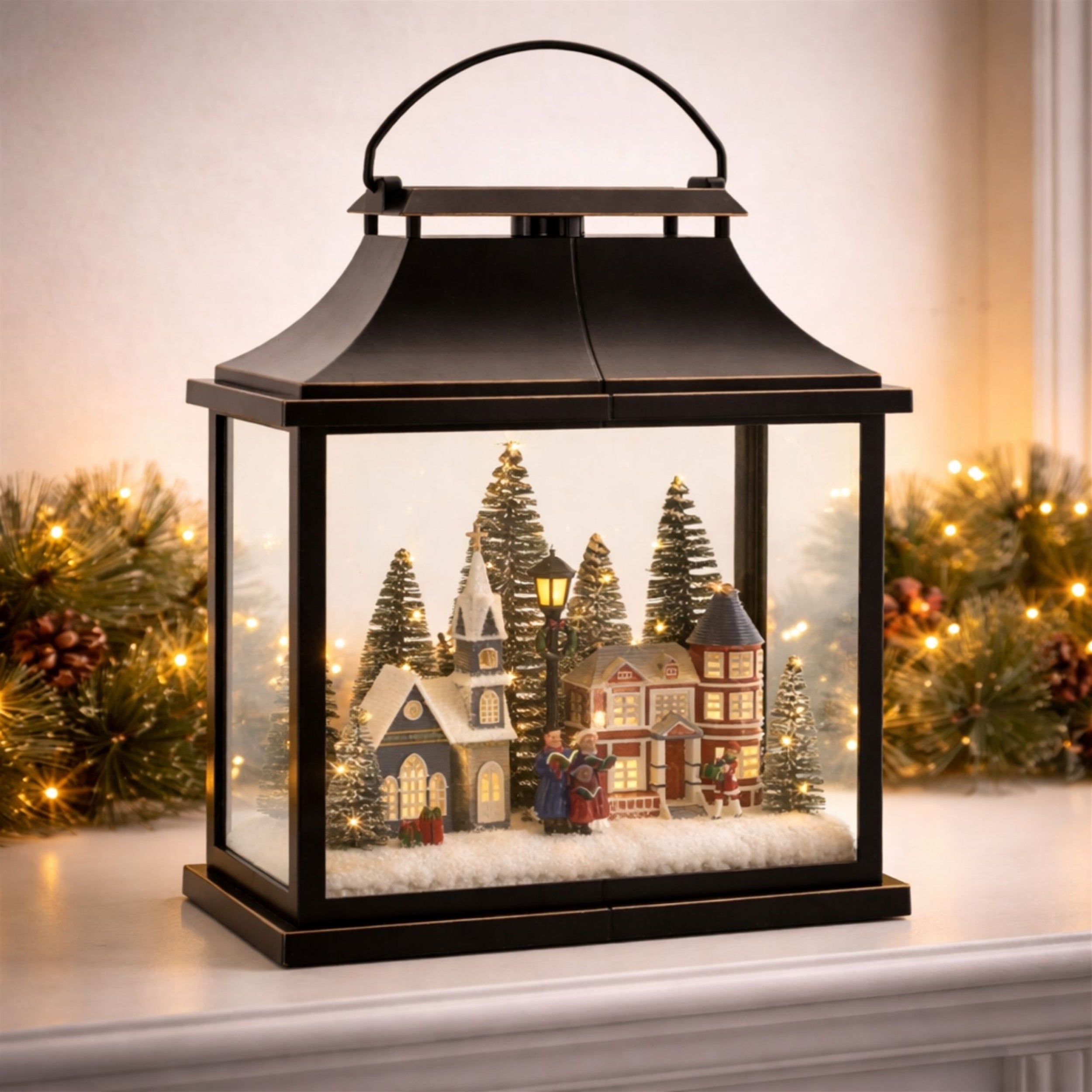LED Lantern Scene with Village and Carolers 16"H