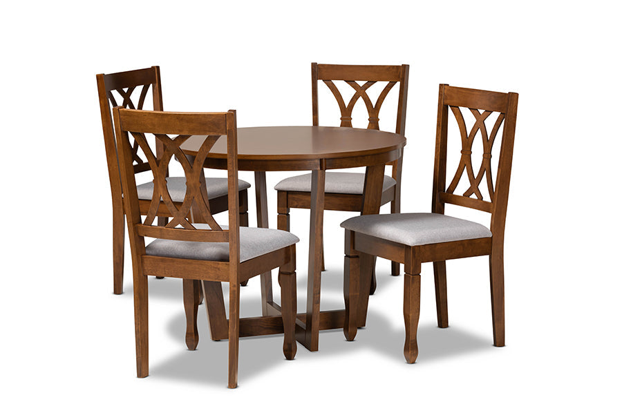 Baxton Studio Aggie Modern and Contemporary Grey Fabric Upholstered and Walnut Brown Finished Wood 5-Piece Dining Set