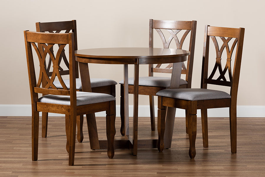 Baxton Studio Aggie Modern and Contemporary Grey Fabric Upholstered and Walnut Brown Finished Wood 5-Piece Dining Set