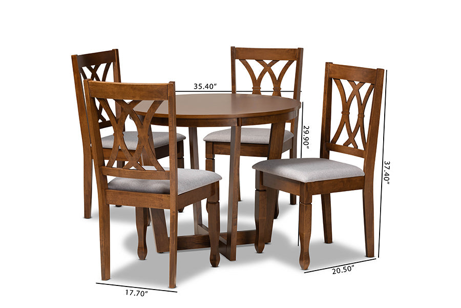 Baxton Studio Aggie Modern and Contemporary Grey Fabric Upholstered and Walnut Brown Finished Wood 5-Piece Dining Set